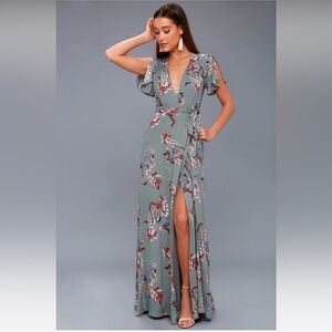 New with Tags Lulu’s Fiorire Slate Blue Floral Print Wrap Maxi Dress in Size XL